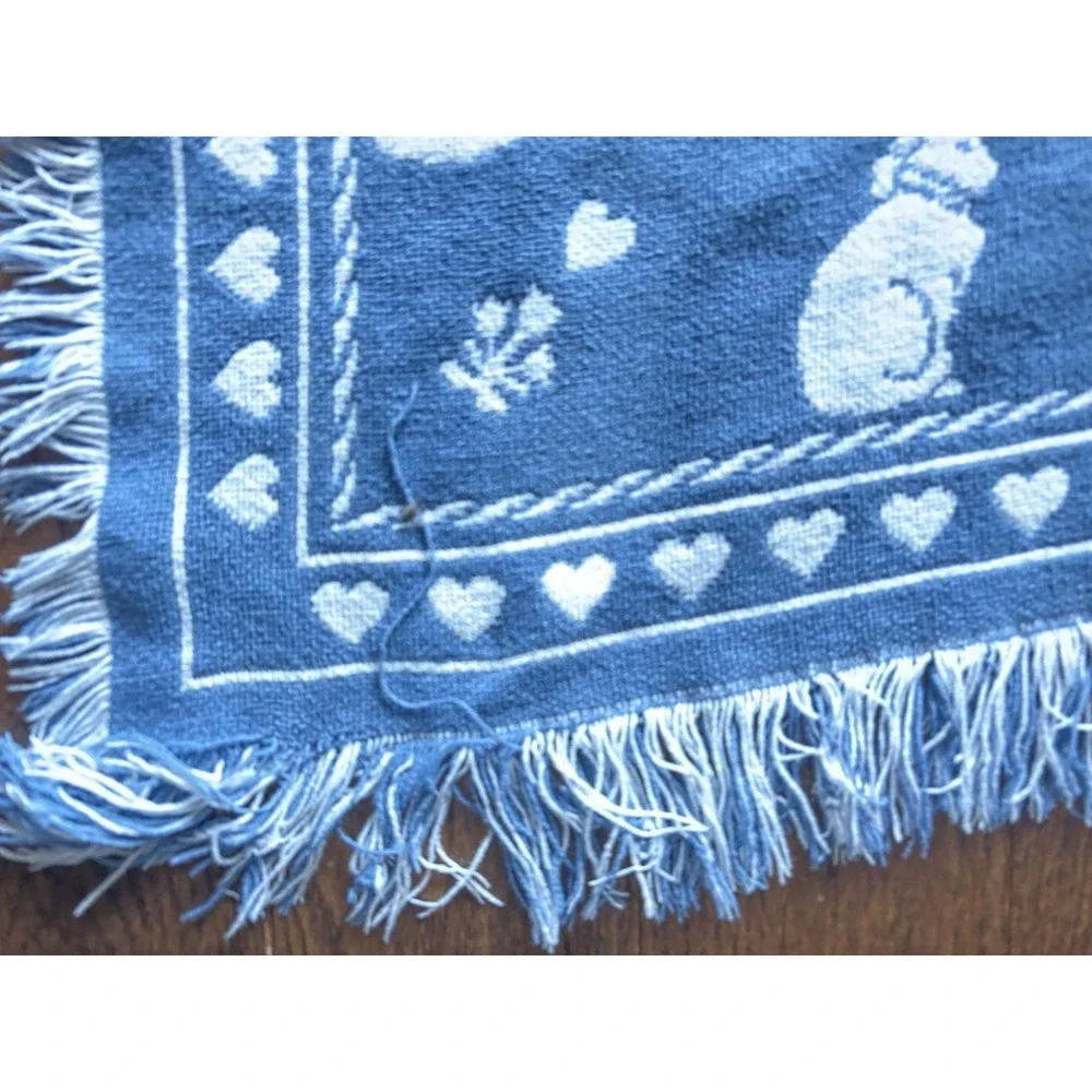 Vintage Woven Decorative Throw Blanket Blue White Cat Heart Motif 90s Grandma